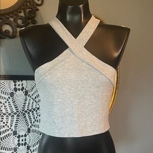 SHEIN Gray Crisscross Ribbed Crop Halter Top